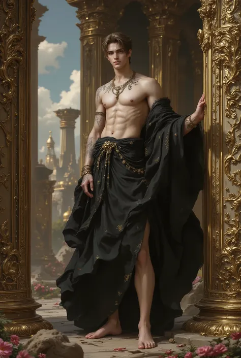 an elegant greek man, age 18, digital painting in the style of Robert Liberace, serenely posed, expresso, Slicked Back shorts Length Waves hair, male, very young, Handsome, standing between two ornate columns, wearing a black loincloth and old roses pink T...