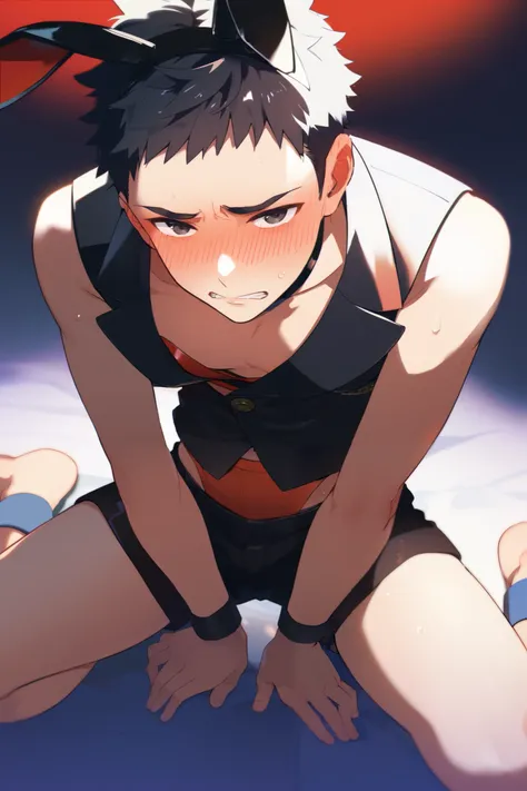  black hair, black eyes,21 years old,black short vest ,barefoot,male playboy bunny,black, black shorts,embarrassed, hot pants (cf), kneeling, black choker, blush, arms between legs, short bangs, midriff peek, downblouse, 