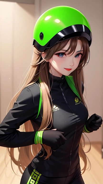 woman , long hair golden brown, normal, she is solo, from alternative world ,best quality, realistic, cycling (full green black) suit and cycling sports black shorts, she is stand , smile, red lipstick , helmet 