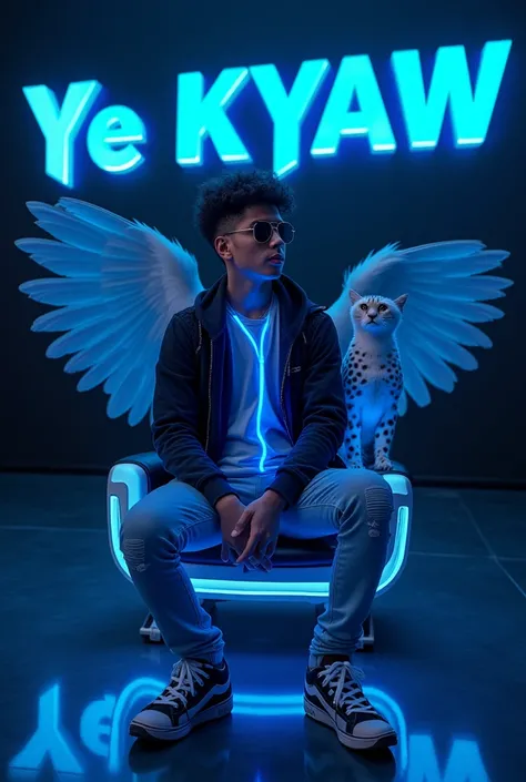 Create a 3D illusion for a profile picture where a 18 Year old attitude boy in a sunglasses and blue and black lightning dress Sitting casually on a helicopter fantasy . With a blue neon light HandPanch hand. And a ferocious peregrine White Cheetah by my s...