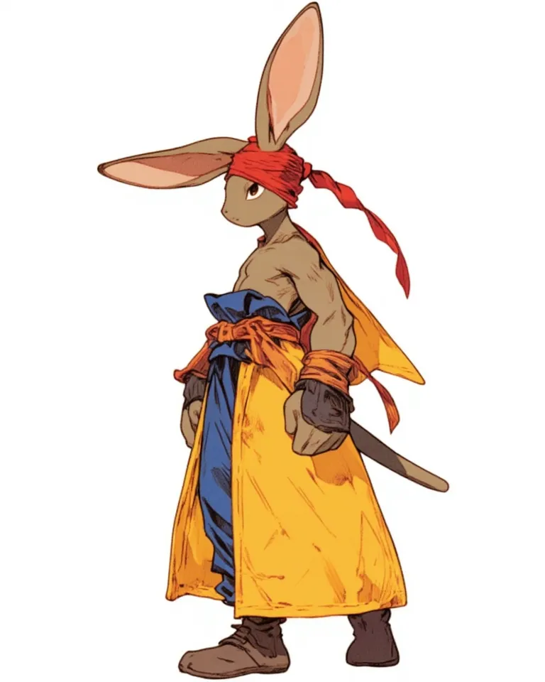 ((Bipedal male rabbit))、Short、standing with legs spread。Karate stance、with red honeycomb wrapped around the head、Wide yellow sleeved bodice、deep blue pants、solo、Put your whole body on the screen、high resolution,  Masterpiece, accurate, top quality,  white ...