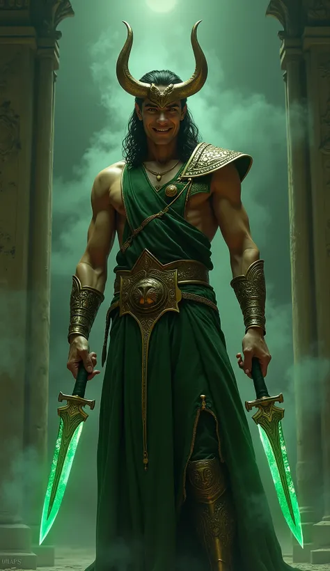 an Grecian god named Loki smiling, holding holding two green daggers with poison element 