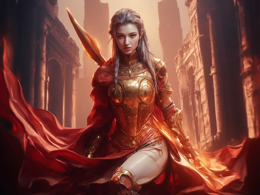 photo realistic,8k quality,a woman,slim body,wearing red cape, forged by light, white skin, blue eyes, in the light, silver hair, long hair, golden armor, runes of light,huge glowing red sword on right hand, burning ancient building in the background 