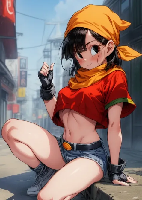  masterpiece, bandages,  the highest quality ,  photorealistic, Perfect anatomy,  perfect face,  perfect eyes,
pandballgt, 1 ,  black eyes, black hair,  short hair,  orange scarf,  pants, fingerless gloves, red shirt, Crop top, exterior, , Women,((Show pan...