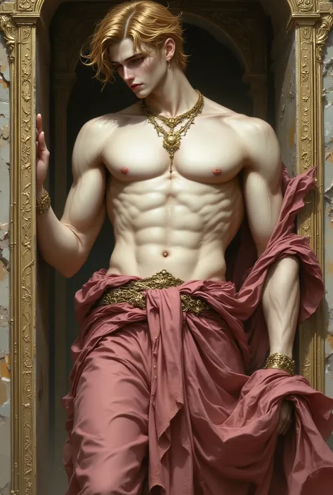 an elegant greek man, age 18, digital painting in the style of Robert Liberace, serenely posed, amber blonde, Mid Length Curls hair , male, very young, Handsome, standing between two ornate columns, wearing a rich pink loincloth and cream yellow Turtle Nec...