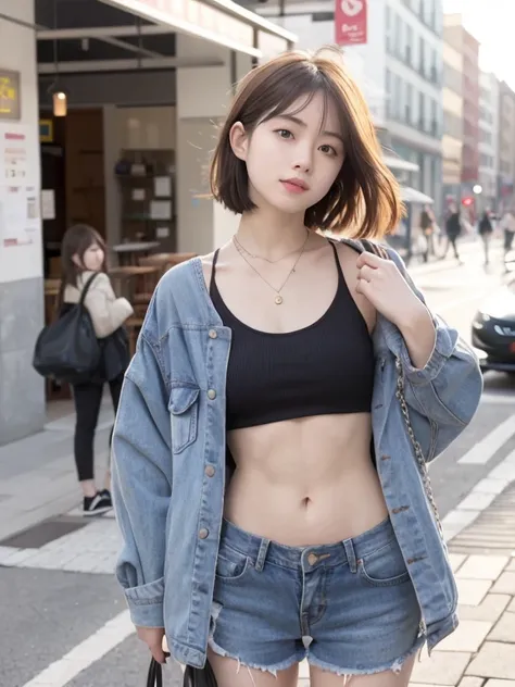 （（Medium Breasts、Thick Ass、 pretty girls 、Small head））、 Daytime 、 let the sun shine on you。（Chiseled Abs：1.1）：（A perfect body：1.1）（Short Wavy Hair：1.2）· Auburn Hair、 chain on hand、smilling、glow skin、Full body shot、 crowded streets 、 wearing a black tank to...