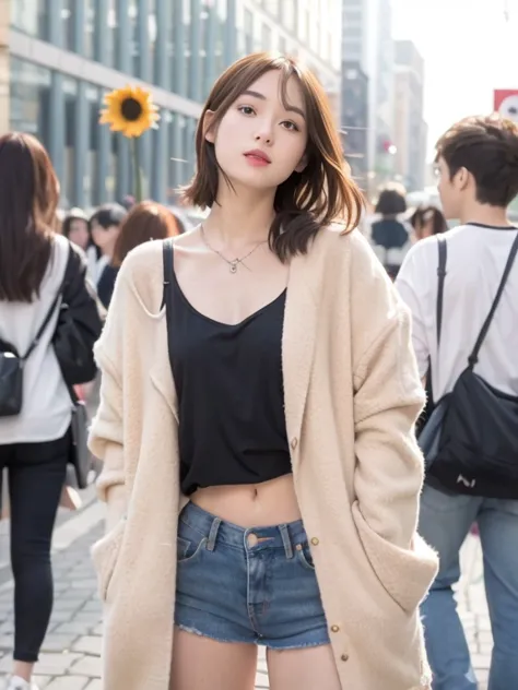 （（Medium Breasts、Thick Ass、 pretty girls 、Small head））、 Daytime 、 let the sun shine on you。（Chiseled Abs：1.1）：（A perfect body：1.1）（Short Wavy Hair：1.2）· Auburn Hair、 chain on hand、smilling、glow skin、Full body shot、 crowded streets 、 wearing a black tank to...