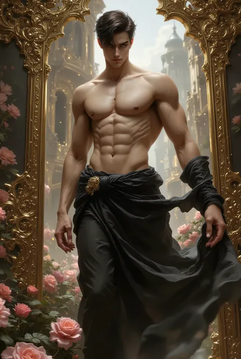 an elegant greek man, age 18, digital painting in the style of Robert Liberace, serenely posed, expresso, Slicked Back shorts Length Waves hair, male, very young, Handsome, standing between two ornate columns, wearing a black loincloth and old roses pink T...