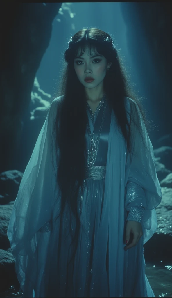 A haunting, cinematic portrait of malay Princess Mayang Mengurai in Silver Blue  modest attire – Long, flowing hair moves as if in water or wind. Her dress ripples like waves, eyes melancholic yet powerful.The background is dark and misty, with an eerie gl...