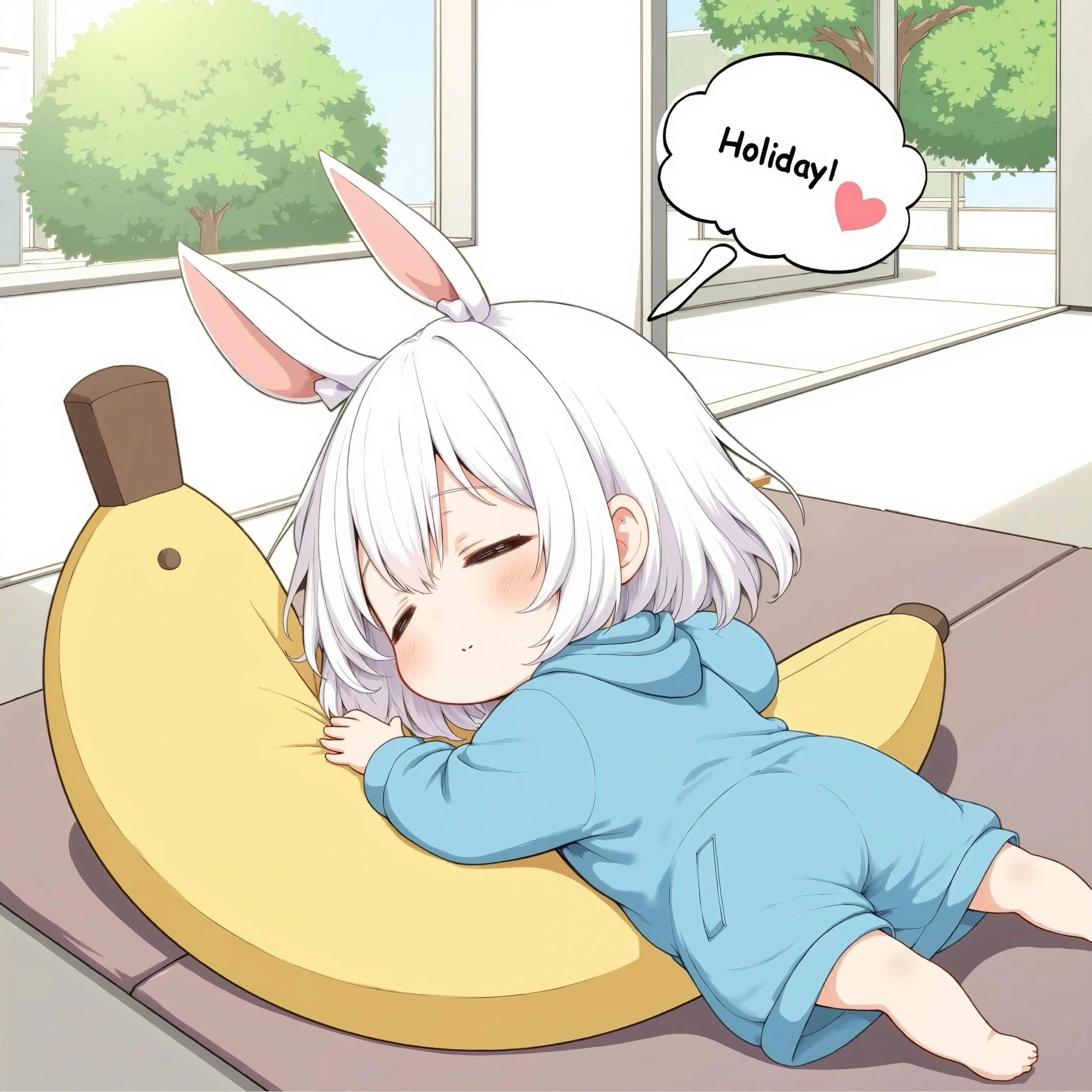 Sleepy little character wearing a blue wide-fit knee-length hoodie,She is lying on a large banana bead cushion.
Both hands are placed behind the head.
Above her is a speech bubble that says "Holiday" and a heart symbol. Her face looks very weak. modern jap...