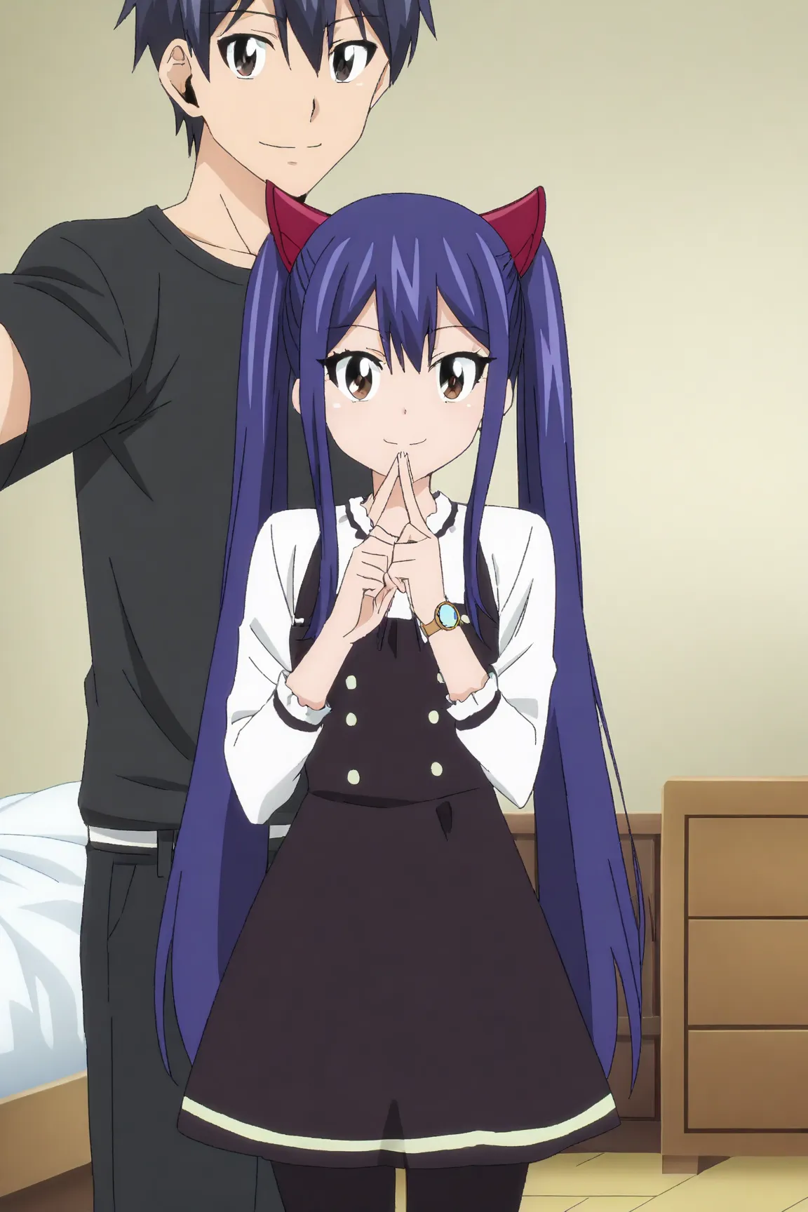 anime screencap, anime coloring, masterpiece, detailed face, 
bedroom,
Wendy Marvell (character), 1girl, blue hair, long hair, brown eyes, smile, twintails, black dress, long sleeves, 1boy, syahrul, black hair, black eyes, black t-shirt, watch, black pants...