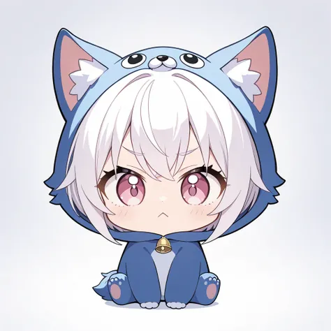 Ultra High Definition, 8K, 16K, Ultra HD, Very Cute Character, Girl in wolf Costume, Detailed Face, Fine Eyes, Big Eyes, Pink Eyes, Silvery White Hair, Simple Background, Wide Angle Full Length Shot, Sharp Detail, Cute Grumpy Face Facing Front