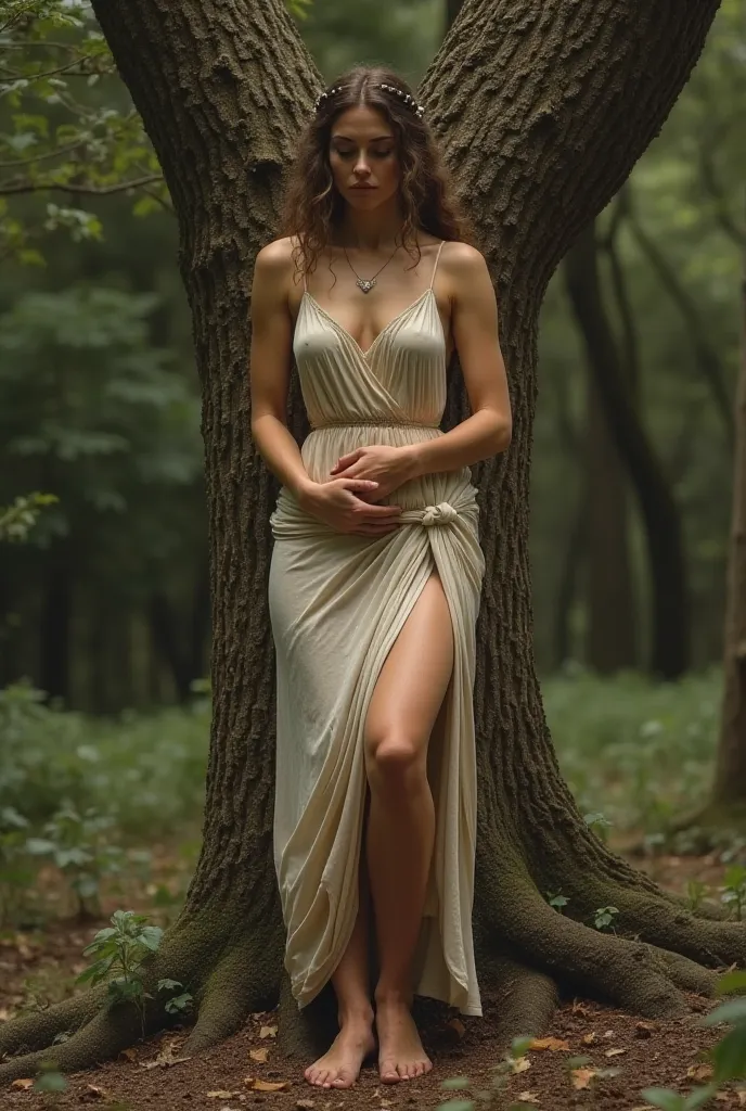 The goddess Artemis wearing a Greek hunting dress, alone in a forest, leaning on a tree with her legs crossed to hold in her excrement, a hand clutching her stomach while her other hand clasped her buttocks, her face contorted with concentration, farting u...