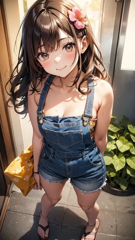 1_girl, solo, Maki: ore no imouto ga konna ni kawaii wake ga nai, 25-yers-old girl with wavy brown hair wearing sexy denim overalls shorts and flower pattern bikini top with sandals cove at night, smiling, standing with one leg slightly bent at the knee, h...