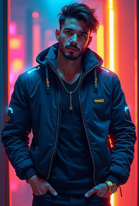 The image features an illustration of a mysterious man in a neon blue and orange style. He is wearing a jacket with glowing details, as well as a gold watch on his wrist. L