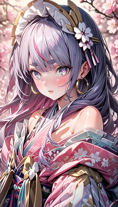 ,solo,gorgeous pastel-colored kimono, ((Pastel-colored furisode)),(Pink large floral pattern), (Off-Shoulder,Chest), Long flower hair ornament,Large hoop earrings,Cherry blossom background,Masterpiece, Best Quality, extremely detailed, intricate, hyper det...