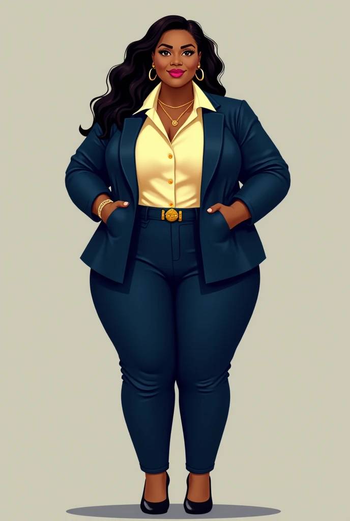 plus size african american women, 50 age, chubby, big breast, big hips, big thigh, big ass, beautiful face, pink lips, gold earring, gold necklace, gold belt, light yellow shirt, dark blue office blazer, black long hair, secretary, dark blue long pants, bl...