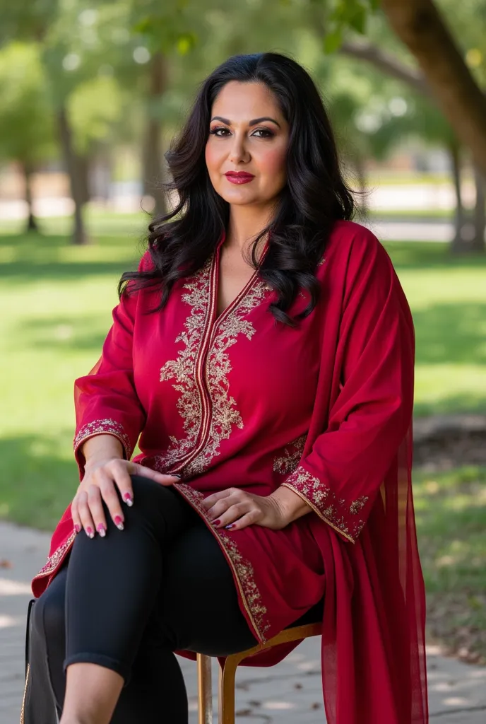 


 ((32K, top-quality:1.5, masterpiece, A high resolution, Photorealsitic)), A beautiful young Pakistan's chubby,40 years old , dark red lips woman wearing  ruby red colour embroidery kurti and black colour knee length glued leggings. White pointed toes, ...