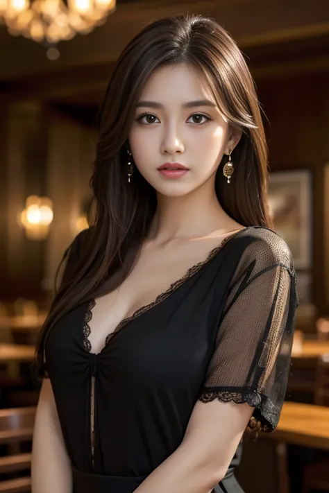 masterpiece, highest quality, Realistic, Very detailed, Finer details, High resolution, 8k wallpaper, One beautiful woman, Wear a black see-through shirt, In a great restaurant, At night, Light brown messy hair, Perfect dynamic composition, Beautiful and b...