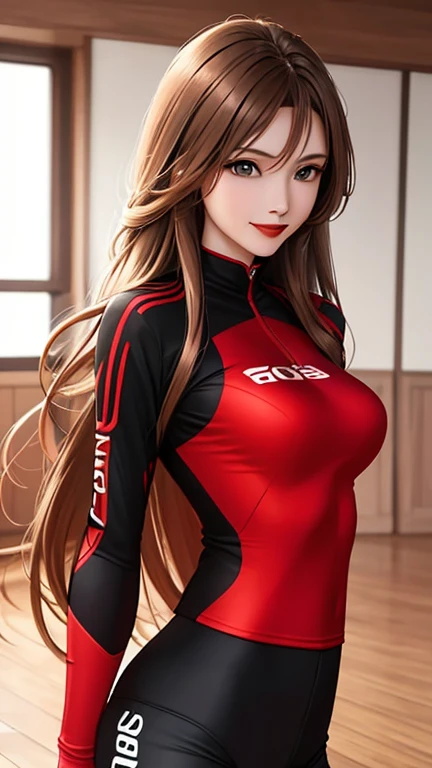 woman , long hair golden brown, normal, she is solo, from alternative world ,best quality, realistic, cycling (full red black) suit and cycling sports black shorts, she is stand , smile, red lipstick , 