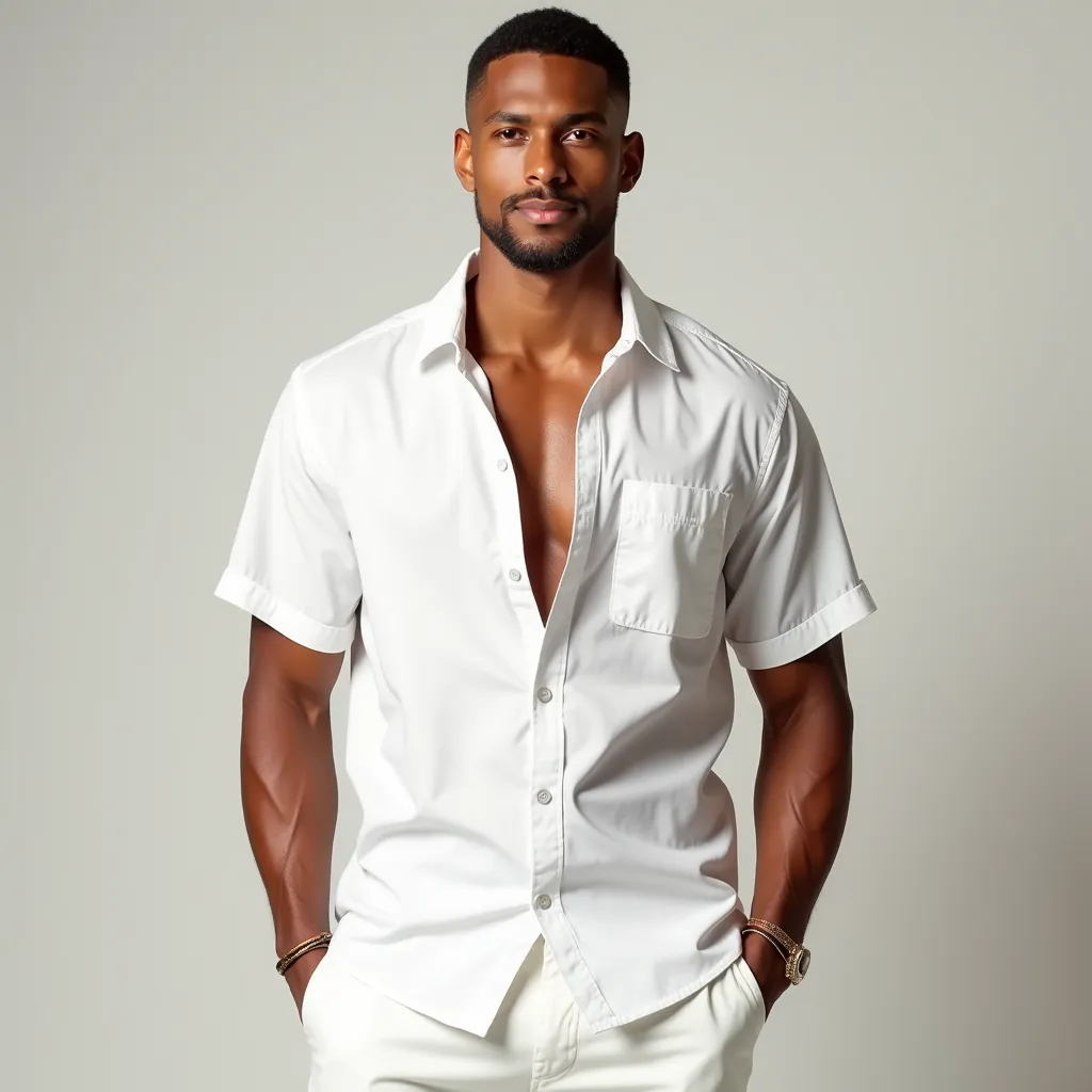 A tall, slender, athletic male model with tanned skin wears a plain white Hawaiian shirt with an open Cuban collar, relaxed fit, and short sleeves. The fabric is smooth, flat, wrinkle-free, and textureless, ideal for printing. No patterns, no logos. The mo...