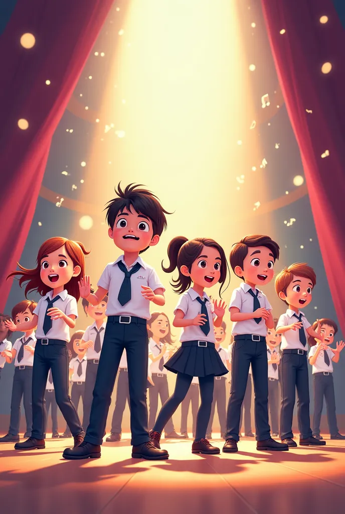 Create an animated illustration poster of primary students wearing school uniforms perform Rhythmic Speech on stage in a lively atmosphere.