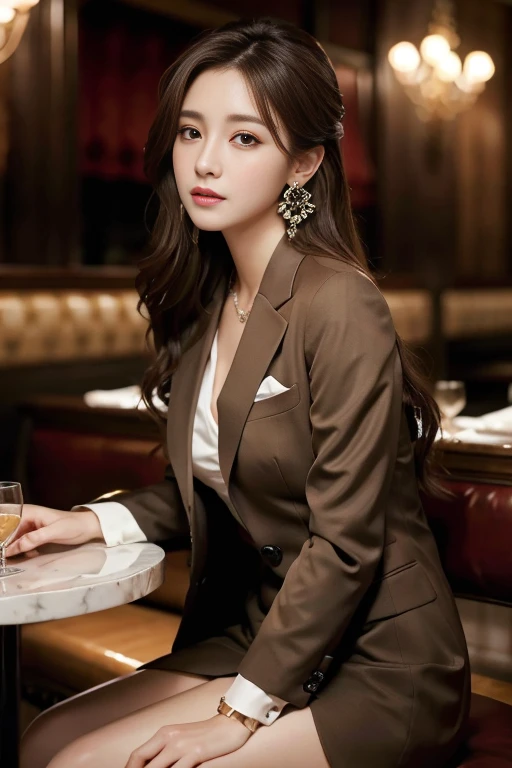 masterpiece, Highest quality, Realistic, Very detailed, Finer details, High resolution, 8k wallpaper, One beautiful woman,Wear a nice suit, In a great restaurant, At night, Light brown messy hair, Perfect dynamic composition, Beautiful and beautiful eyes、B...