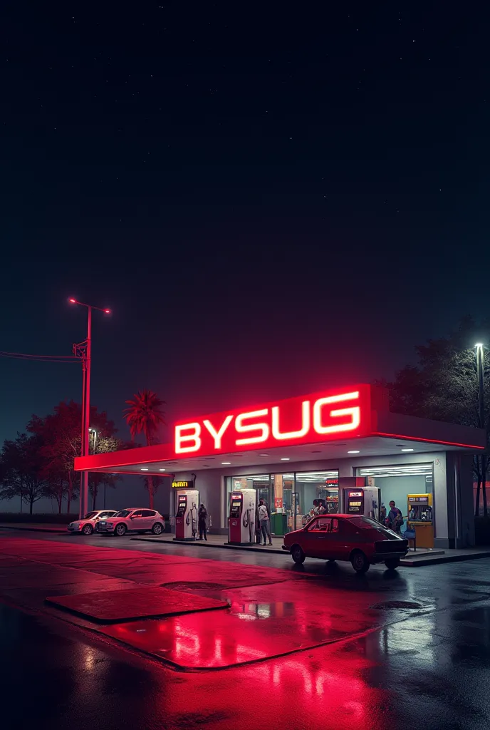 Create an image of a gas station at night with a red neon sign that says BYSUG