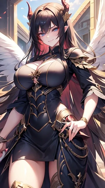 a girl,Devilish ，evil demon,black wings，Magic Sword， evil smile,black hair,big breasts,cowboy shot, top quality, accurate,  Masterpiece,  anime, 