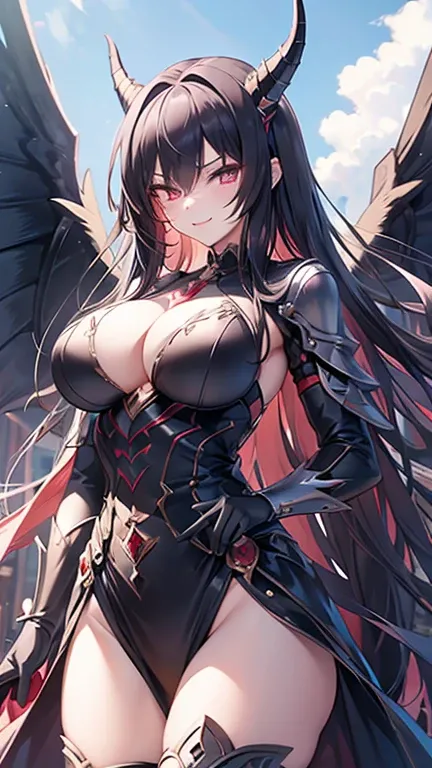 a girl,Devilish ，evil demon,black wings，Magic Sword， evil smile,black hair,big breasts,cowboy shot, top quality, accurate,  Masterpiece,  anime, 