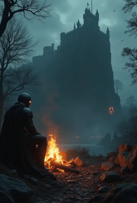 Dark gothic atmosphere in the 1980s style , in the style of the dark souls computer game, a knight in a helmet sits by the fire , you can see a large fortress from afar , there is a huge monster next to the fortress