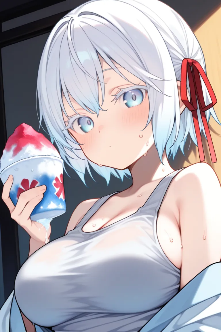 score_9, score_8_up, score_7_up, looking at viewer, dutch angle, upper body, (solo, 1girl, yuki onna, white hair, short hair, habitual hair, hair ribbon, red ribbon), large breasts, petite, (tank top), ((eat shaved ice in hand)), (sweat), cute face, white ...