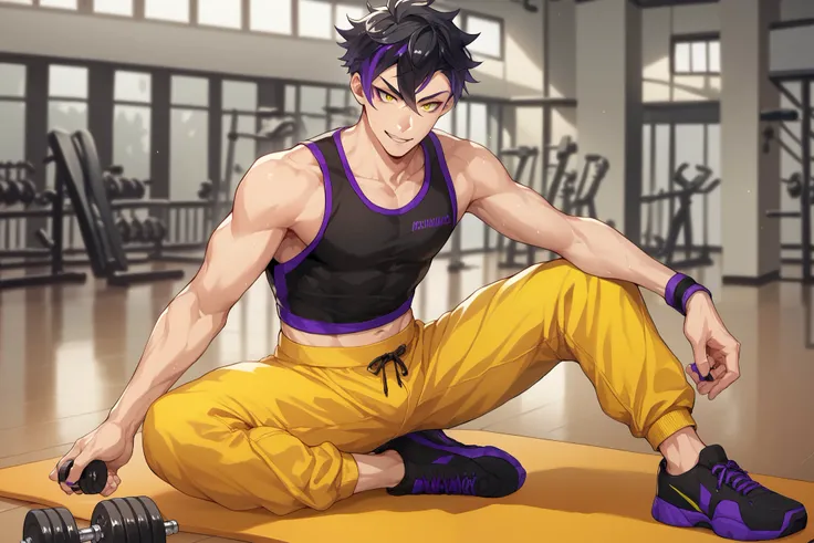 Anime man with thin black hair, yellow sharp eyes, emotionless and cold personality. Has one purple highlight, full body, solo, doing exercise, workout
