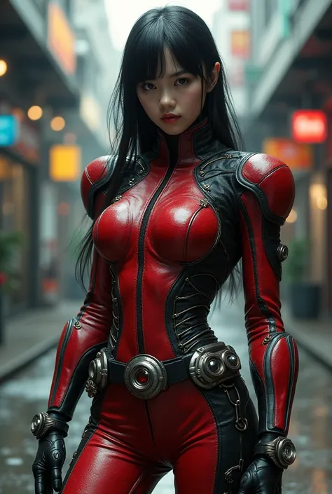  Ultra HD， realistic style，Japanese female body，kamen rider，Delicate leather texture，Compound eyes，Red and Black ，Change your posture，metal belt，movie shot