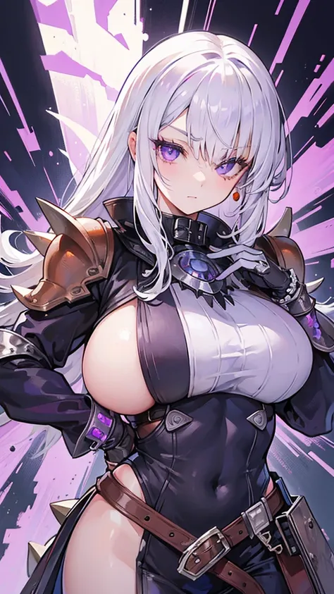 Female, White hair, purple eyes, Old Glove, big boob, 160 cm, 18 years, Colt M1911, Spiky Eye Patch, Spiky Slave Hunter Armor, Turtle's Rusty bracelet