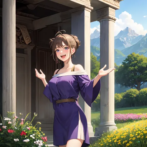  ancient Greek ，Ancient Rome，Fields and mountains，((Toga dress))plain purple clothes，solo， light brown hair,  female in her 30s， laughs，warm gaze