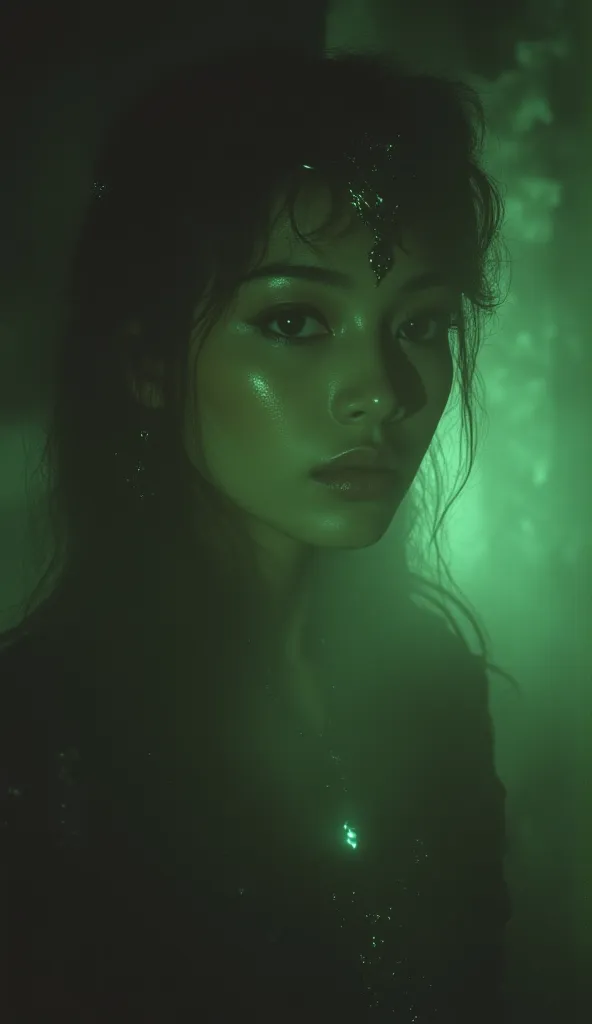 A, cinematic portrait of modest malay princess Mayang Kenanga (Golden-Green) - a very beautiful face Dreamy and hypnotic, surrounded by a faint glowing mist. The background is dark and misty, with an eerie glow illuminating her figure. The scene has a retr...