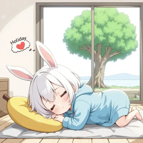 Sleepy little character wearing a blue wide-fit knee-length hoodie,She is lying on a large banana bead cushion.
Both hands are placed behind the head.
Above her is a speech bubble that says "Holiday" and a heart symbol. Her face looks very weak. modern jap...