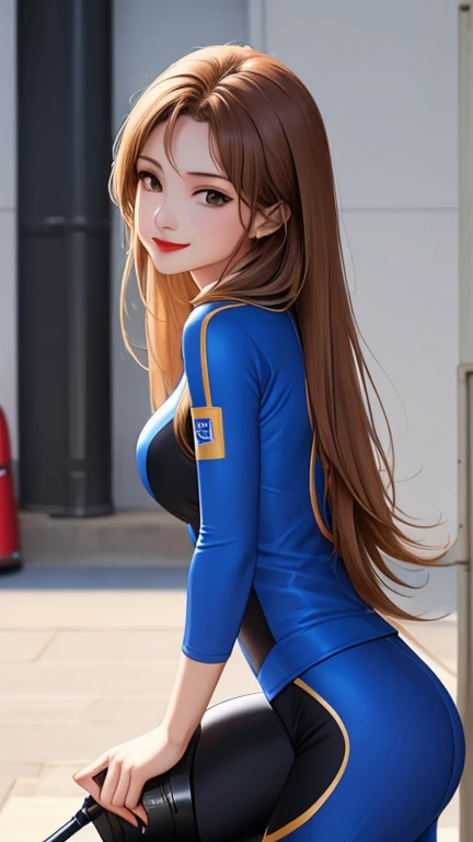 woman , long hair golden brown, normal, she is solo, from alternative world ,best quality, realistic, cycling (full blue) suit and cycling sports black shorts, she is stand , smile, red lipstick , 