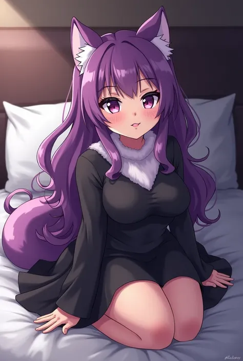 anime girl with purple eyes and black dress sitting on a bed, a character portrait by Kamagurka, pixiv, furry art, thicc, shalltear from overlord, small curvy loli, gapmoe yandere grimdark, (sfw) safe for work, marin kitagawa fanart, thick furry neck and c...