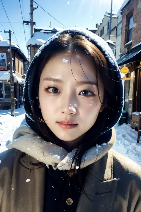 bob hair　Forehead　Snowy Town　 in the sun's nature　 ugly expression 