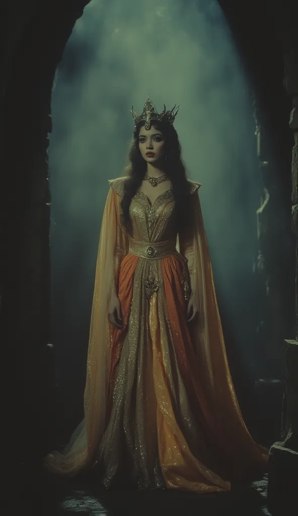 A, cinematic portrait of modest malay princess Mayang Sari - The leader, embodying all their essences. Her gown shimmers with subtle hints of each color, eyes holding the knowledge of the unseen world. The background is dark and misty, with an eerie glow i...