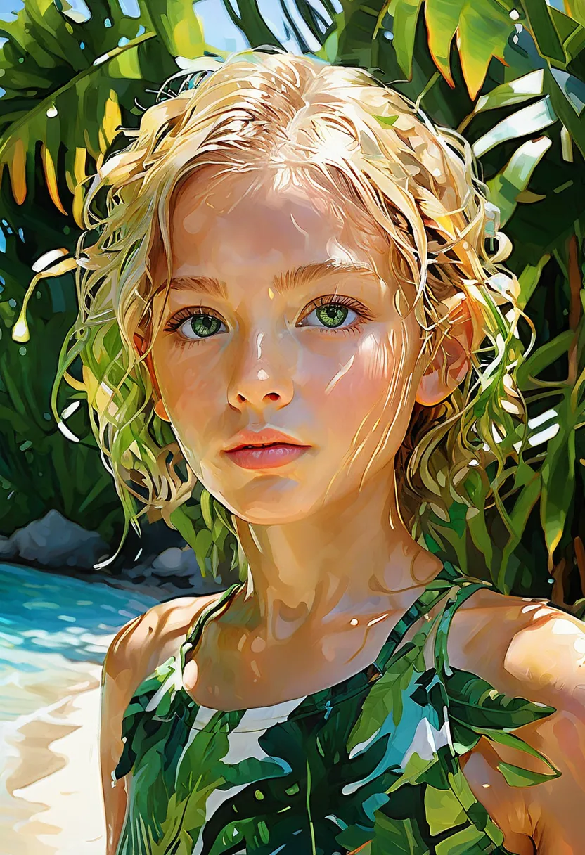  shiny wet Glowing skin enveloping the light, focus tropical island, sunshine bright vivid colors beautiful toddler big green eyes , blond włosy , mokre cialo zielone neonowe koronkowe bikinii  dla lalki zywe mokre  neonowe kolory