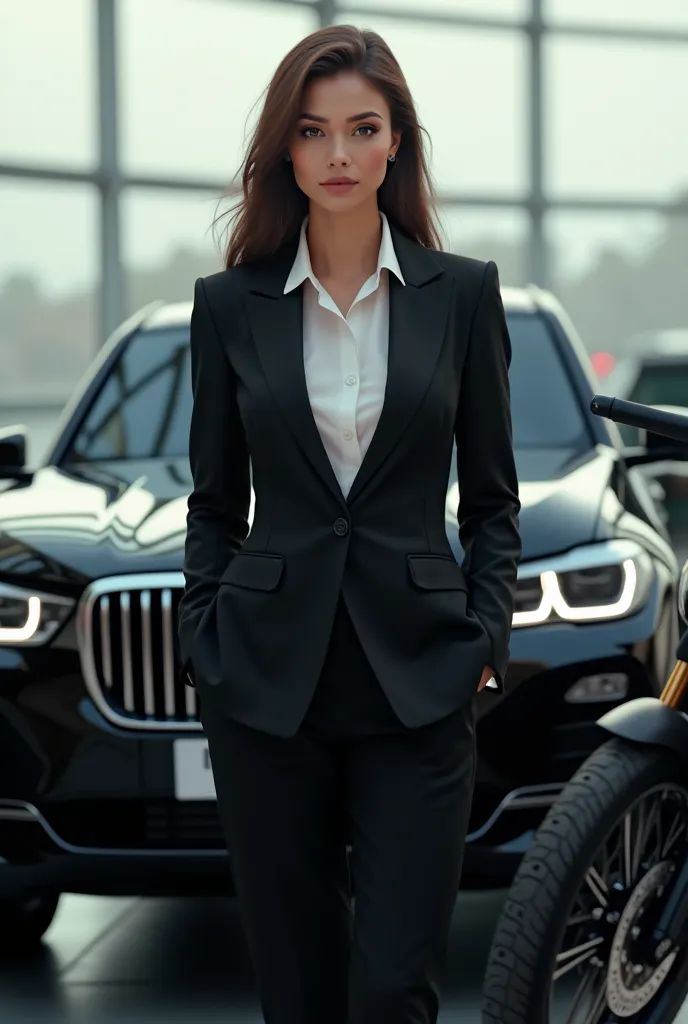 Ceo women black suit white shirt sitting on Bmw x7 and bmw 1250gs 