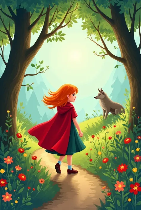 Little Red Riding Hood with orange hair walking home with trees behind, with Flowers in the field and a wolf in the distance watching. All this in a cartoon for the cover of a storybook