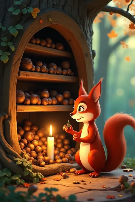 Sammy, the red squirrel with a white stripe down his back, Sammy is inside his cozy tree hollow home, carefully stacking his acorns in perfect rows.
A soft candle glow lights up the wooden shelves, filled with neatly arranged acorns.
Sammy has a proud expr...