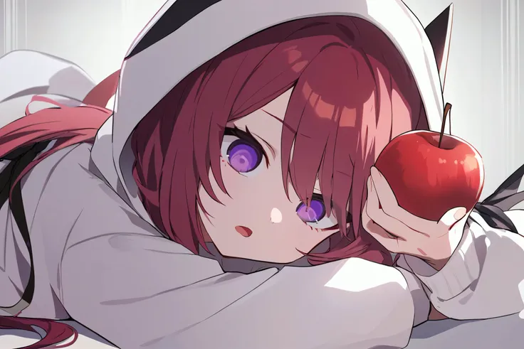 lying down holding her knees redhead black ribbon side tail
PURPLE EYES, WHITE SHIRT HOODIE WITH SHARP EYES, HOLDING AN APPLE IN ONE HANDLE