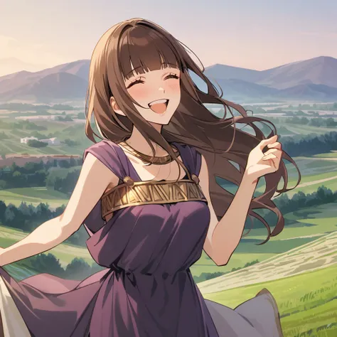 Roman clothing, Ancient Greek tunic ，Ancient Rome，Fields and mountains，((Toga dress))plain purple clothes，Alone， brown hair,  female in her 30s， laughs，warm gaze， long hair,  deco bangs, 