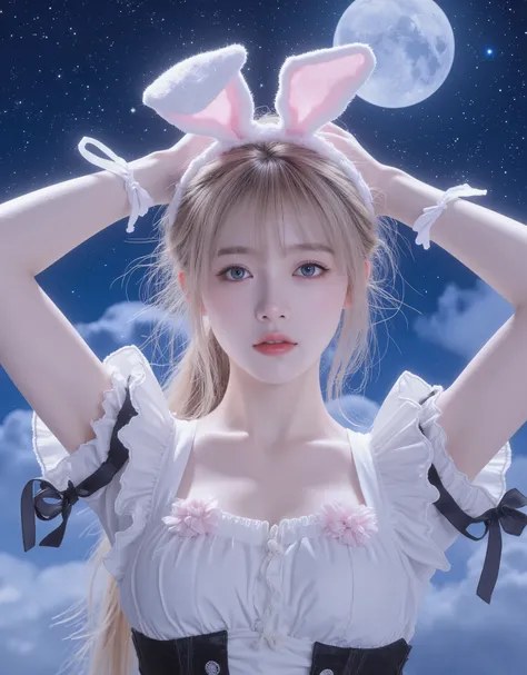 8k，highest quality，The night of the full moon background，Beautiful and detailed night sky floating，masutepiece：1.2），（realistic，realism：1.37），highest quality，masutepiece，beautiful，A pensive expression，charming、seductive appearance，Cute maid outfit，Hair tied...