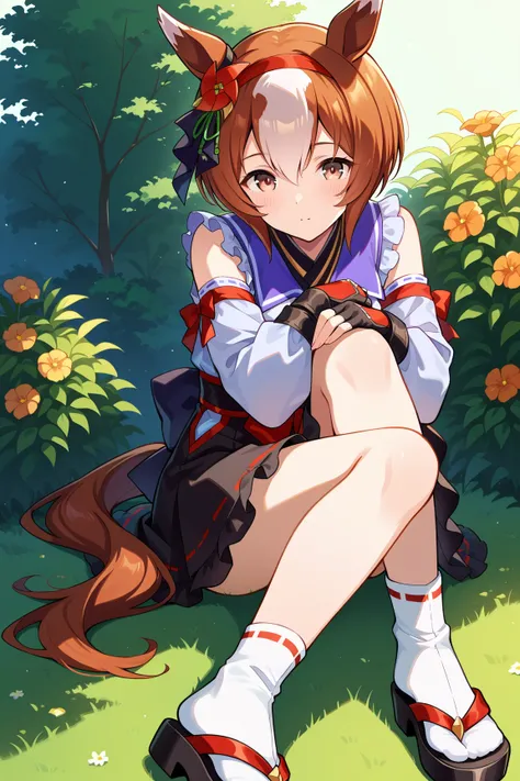 yaeno muteki\( Uma Musume\), short hair, hair ornaments close to the garden,  similarly ,  shoulder out, chest cut , Ribbon Trim, band, black skirt, frills,  white socks,   sandals on the skin ,  sleeve, fingerless gloves、 horse ears,  Mahogany